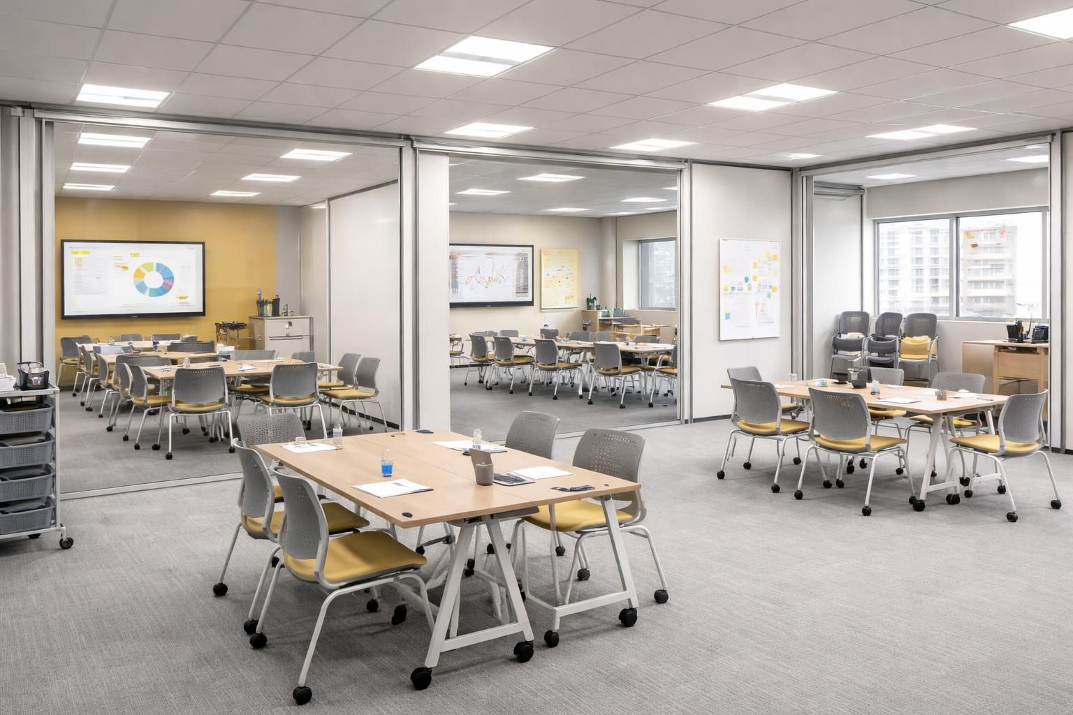 découvrez le centre de formation inssi avec ses salles modulables équipées de cloisons amovibles et de mobilier empilable steelcase, offrant flexibilité et confort pour toutes vos sessions de formation.