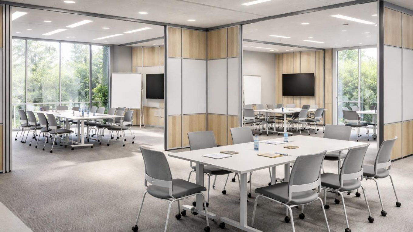 centre formation inssi propose des salles modulables équipées de cloisons amovibles et de mobilier empilable steelcase, offrant un espace flexible et adapté à tous vos besoins pédagogiques.