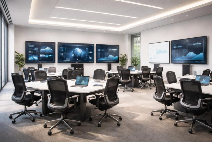 découvrez comment concevoir des salles de formation modernes et interactives en intégrant des écrans tactiles samsung et des sièges ergonomiques steelcase pour un confort et une productivité optimisés.