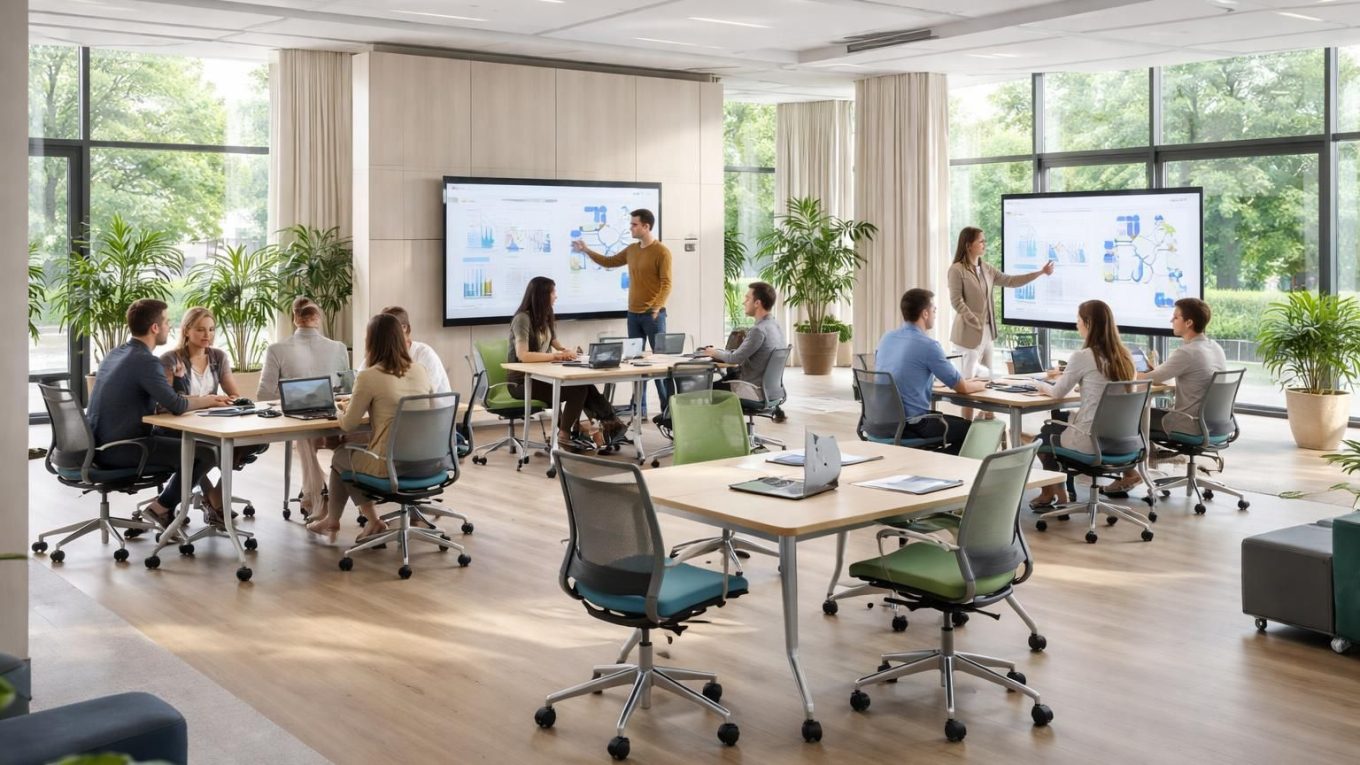 découvrez comment aménager un centre de formation moderne alliant espaces modulables kinnarps et écrans interactifs pour un environnement d'apprentissage flexible et innovant.