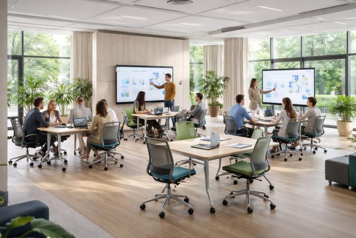 Aménager un centre de formation moderne avec des espaces modulables Kinnarps et des écrans interactifs